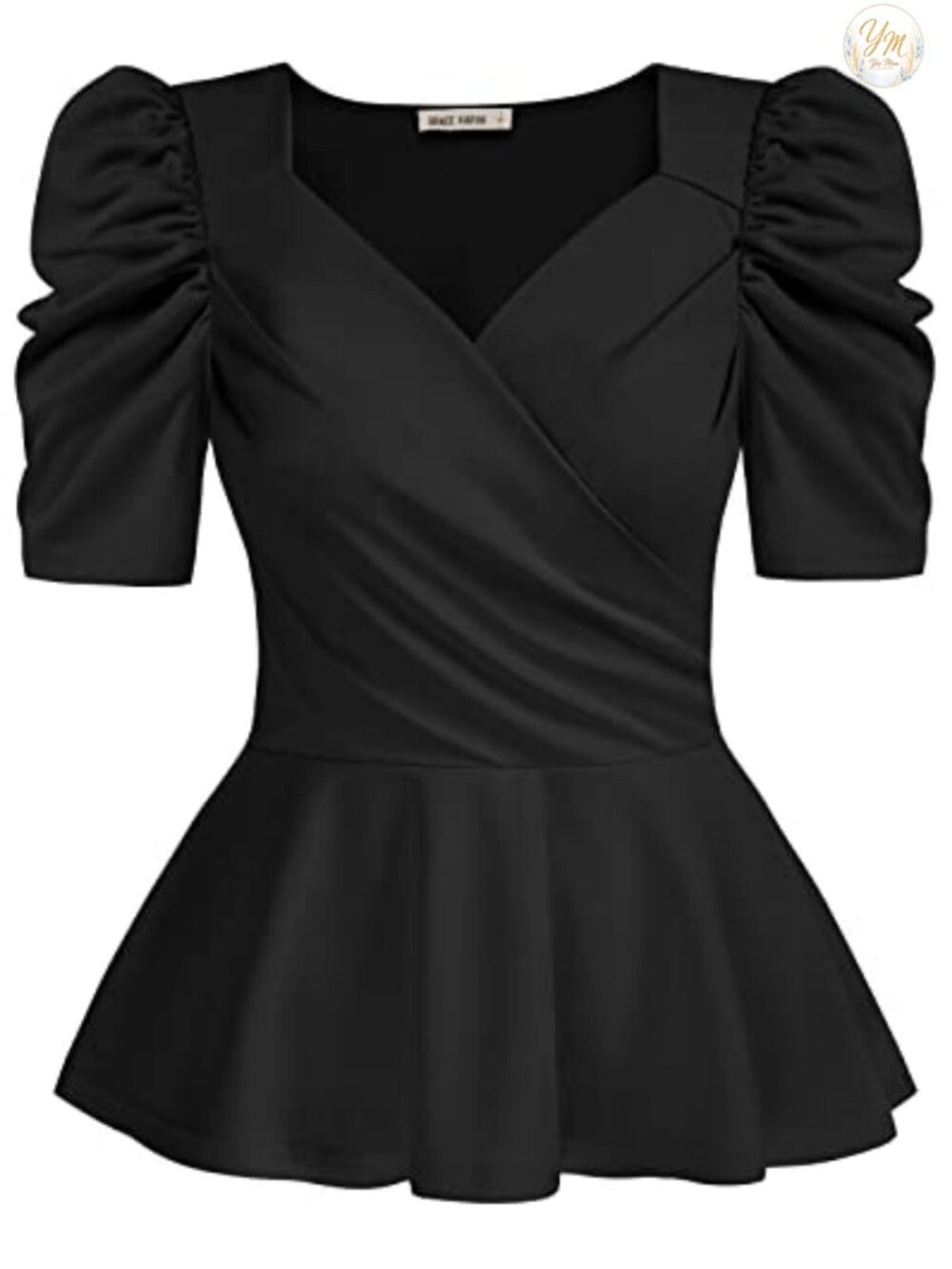 Puff Sleeve Wrap V-Neck Ruffle Hem Slim Fit Women's Summer Blouse